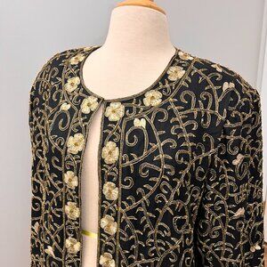 Laurence Kazar Beaded Floral Silk Jacket Cardigan Formal Evening Black Gold 3X